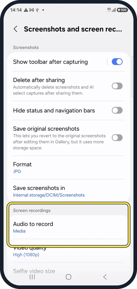Android screenshot: Open the screen recording settings