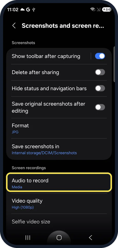 Android screenshot: Open the screen recording settings