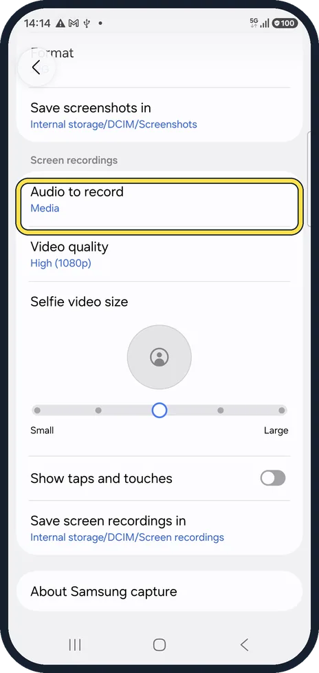 Android screenshot: Change Audio to record