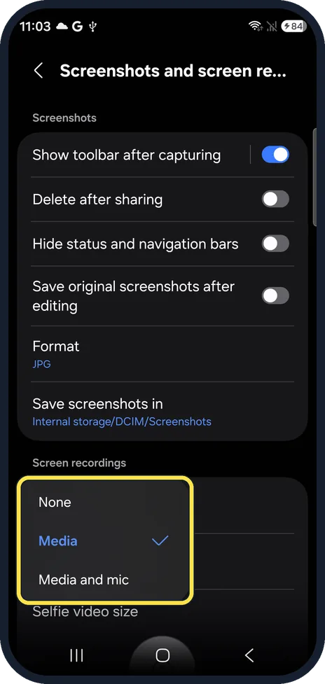 Android screenshot: Change Audio to record