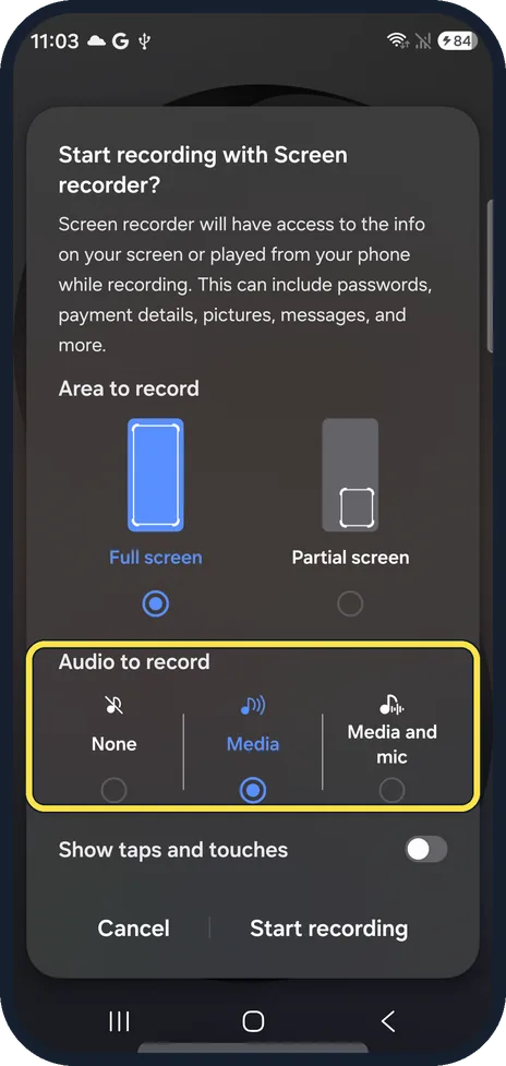 Android screenshot: Or choose the sound when you start