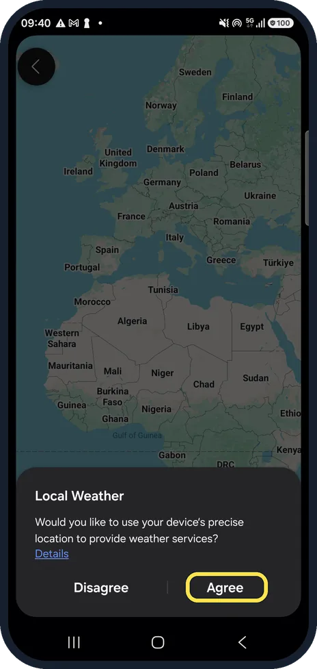 Android screenshot: Tap Agree on Local Weather