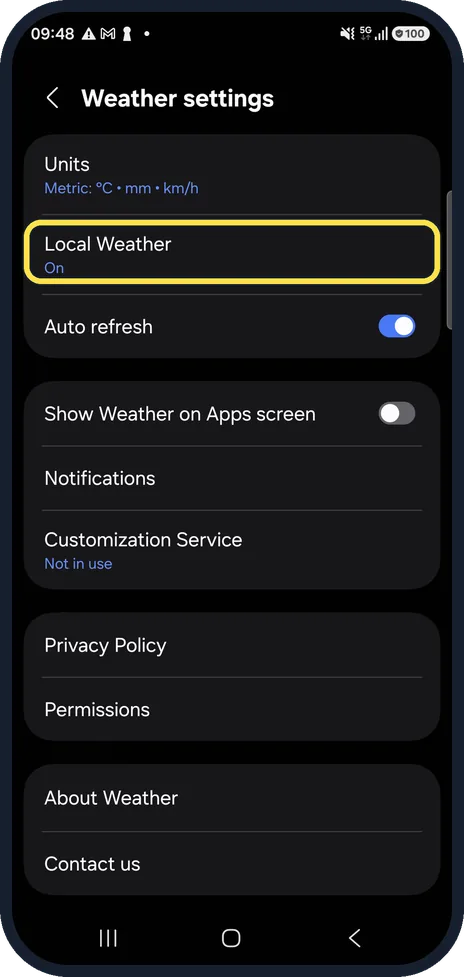 Android screenshot: Make sure Local Weather is on
