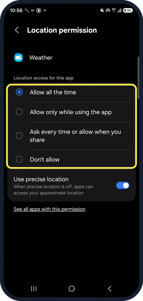Android screenshot: Check Weather's location permission