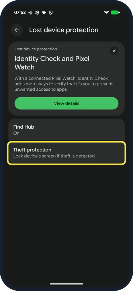 Android screenshot: Tap Theft protection