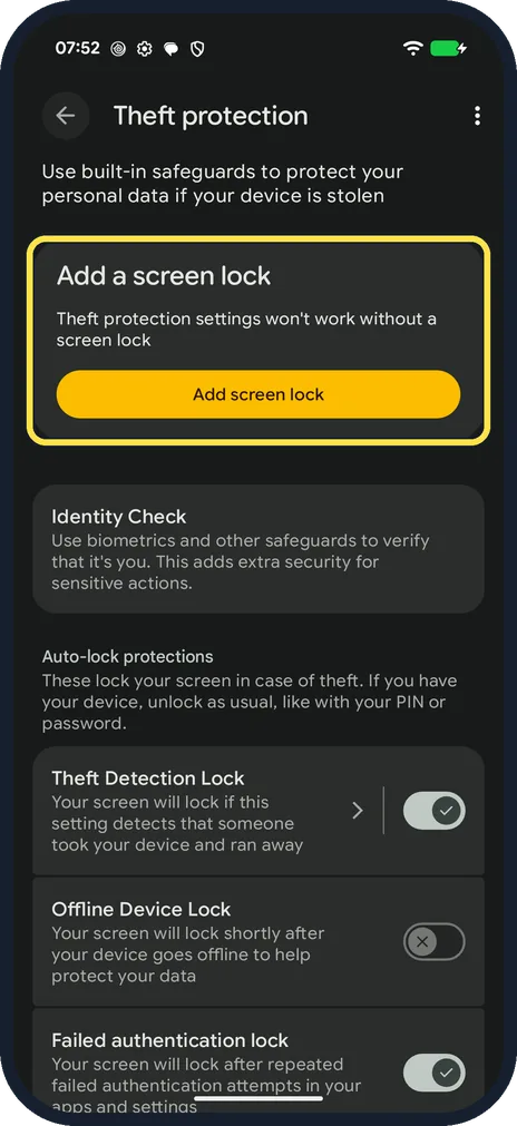 Android screenshot: Set a screen lock first