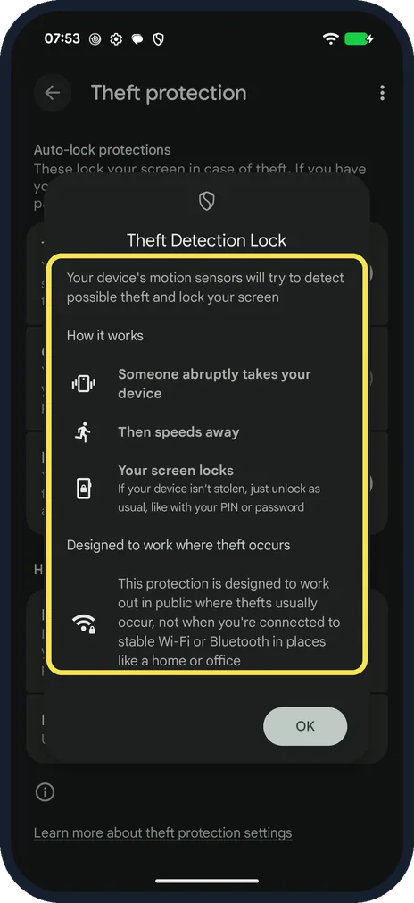Android screenshot: Theft Detection Lock: leave it on