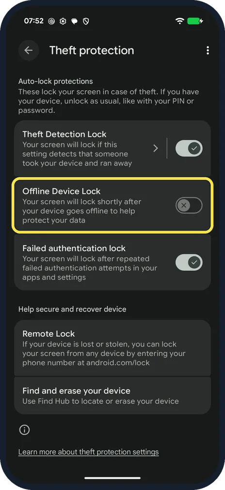 Android screenshot: Offline Device Lock: your call