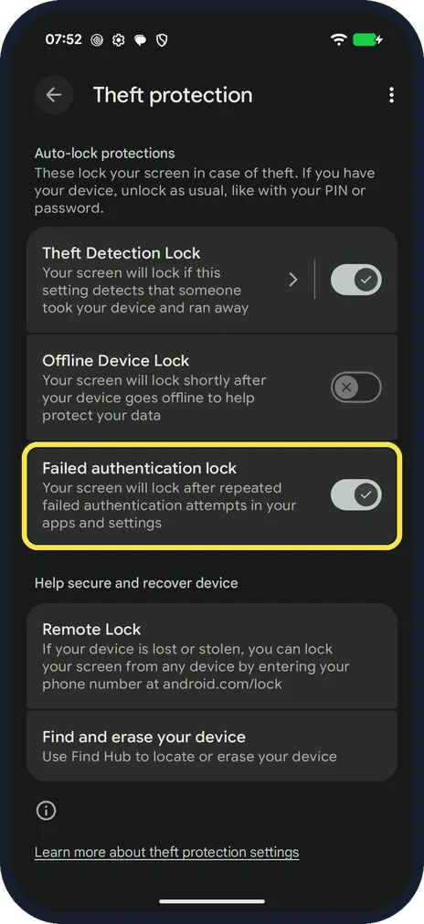 Android screenshot: Failed authentication lock: leave it on