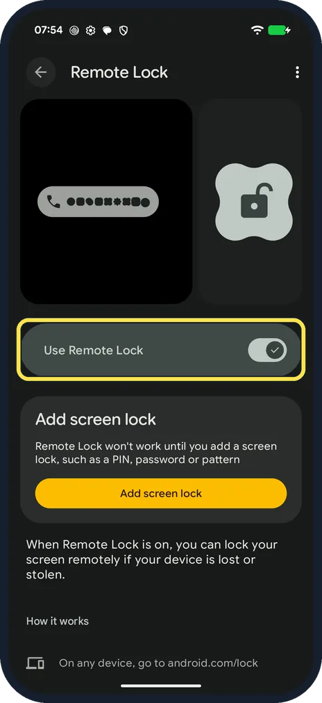 Android screenshot: Remote Lock: turn it on