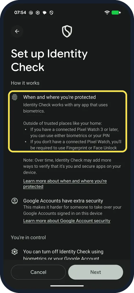 Android screenshot: Identity Check: optional