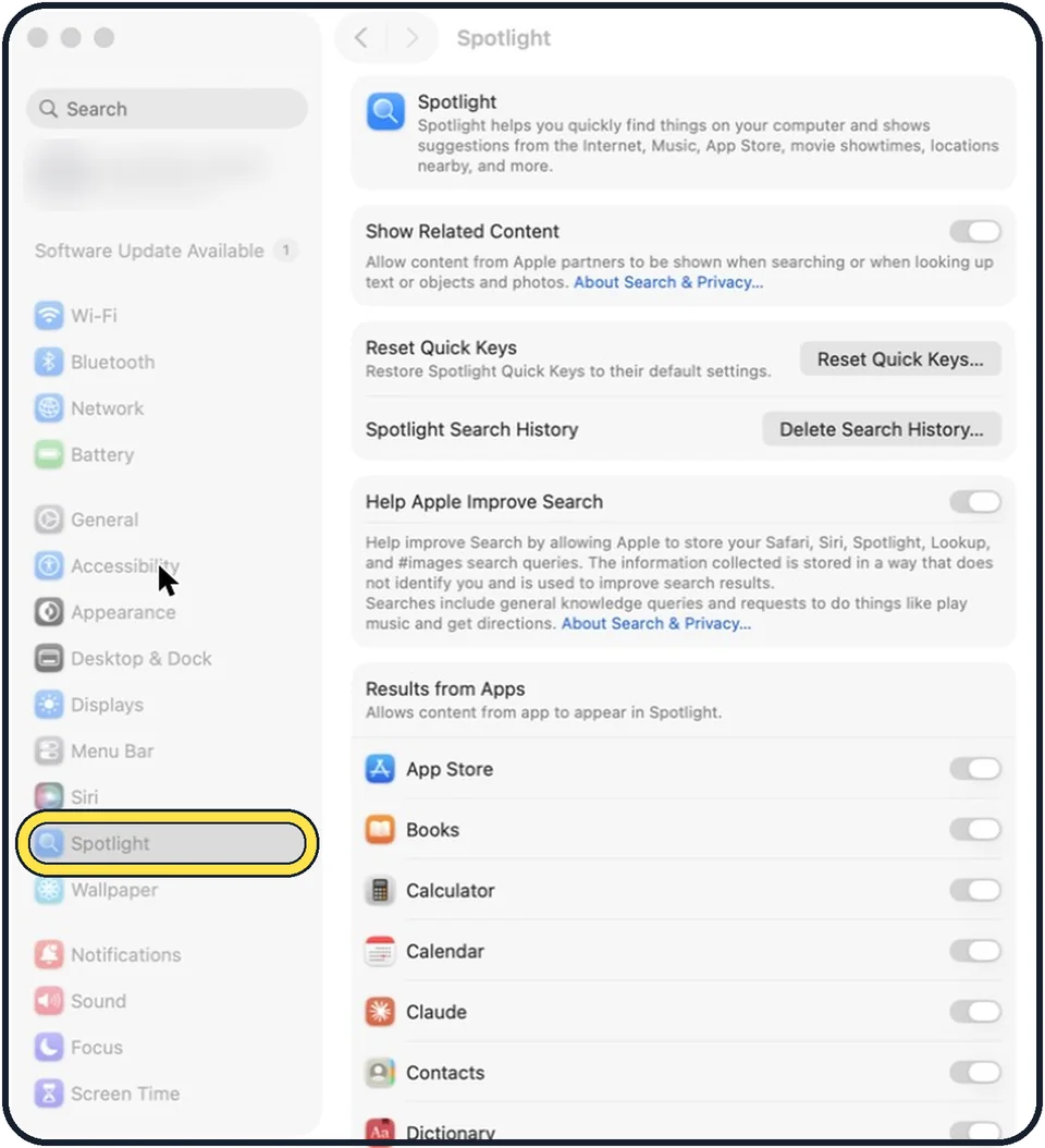 Mac screenshot: Open System Settings and click Spotlight