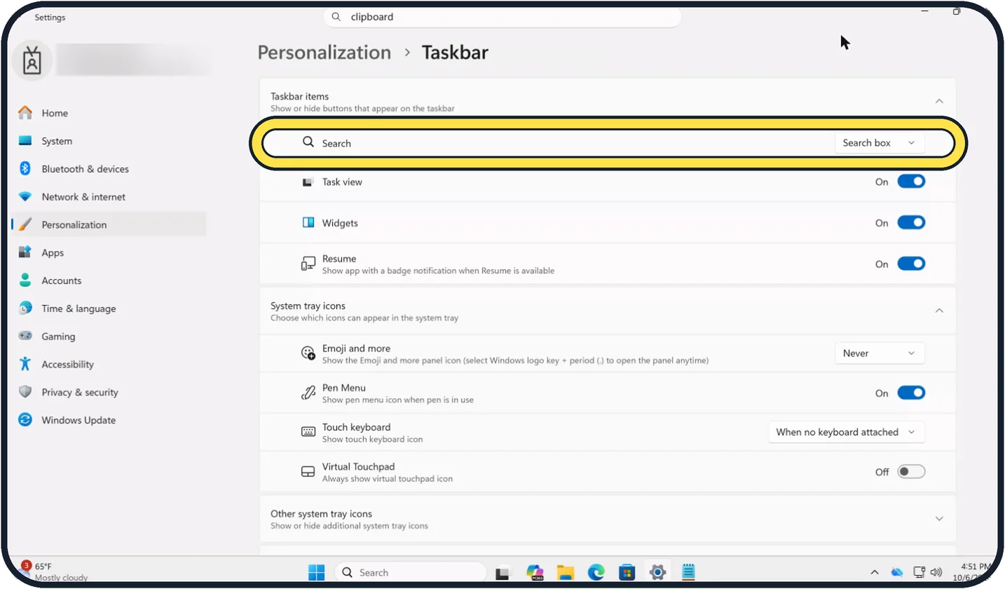 Windows screenshot: Find the Search row