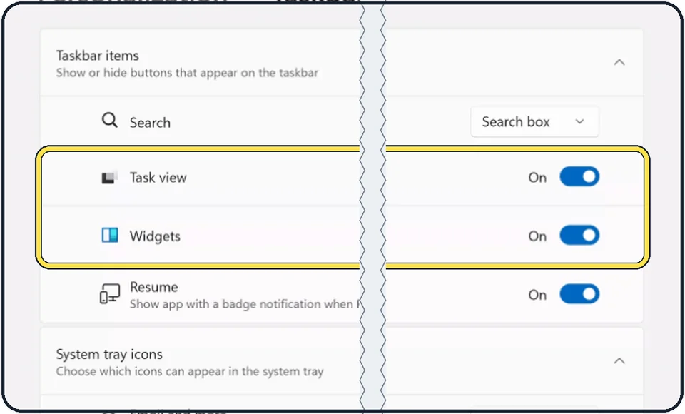 Windows screenshot: Switch Task view and Widgets back on