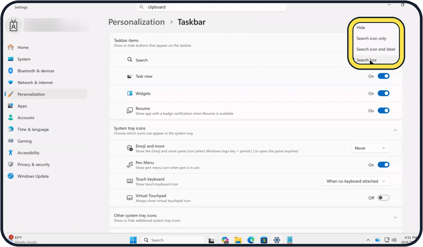 Windows screenshot: Choose how Search looks