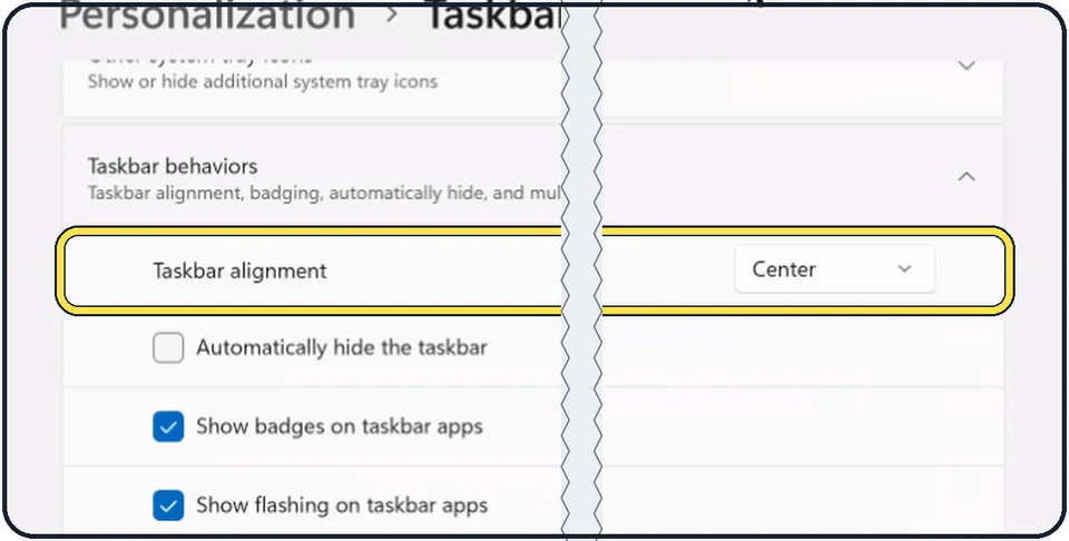 Windows screenshot: Icons moved to the left or centre