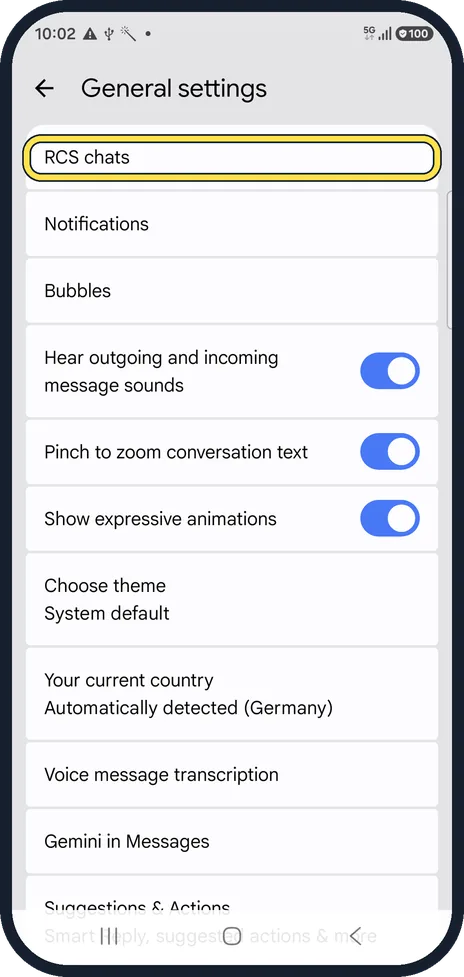 Android screenshot: Open RCS chats