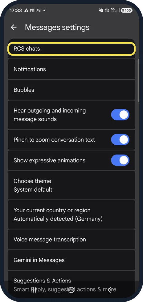 Android screenshot: Open RCS chats