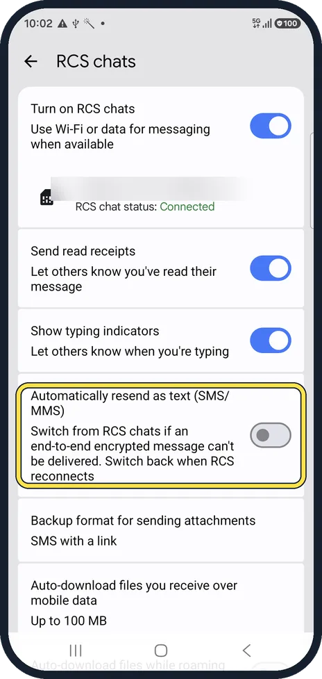 Android screenshot: Turn on Automatically resend as text
