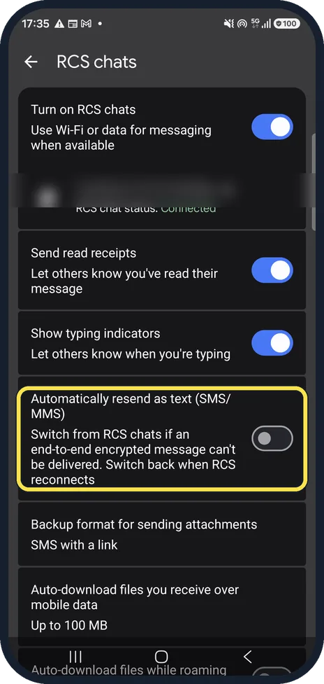 Android screenshot: Turn on Automatically resend as text