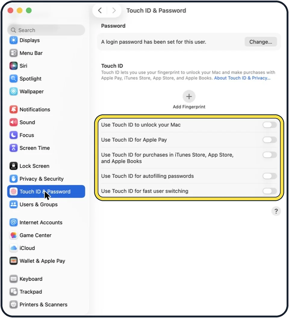 Mac screenshot: Check what Touch ID is switched on for