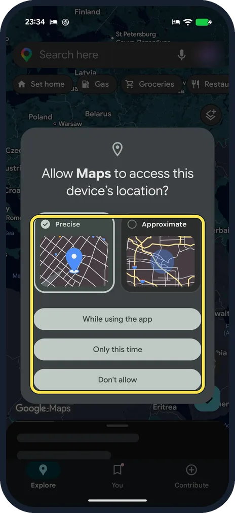 Android screenshot: Maps location permission on a Pixel 10a