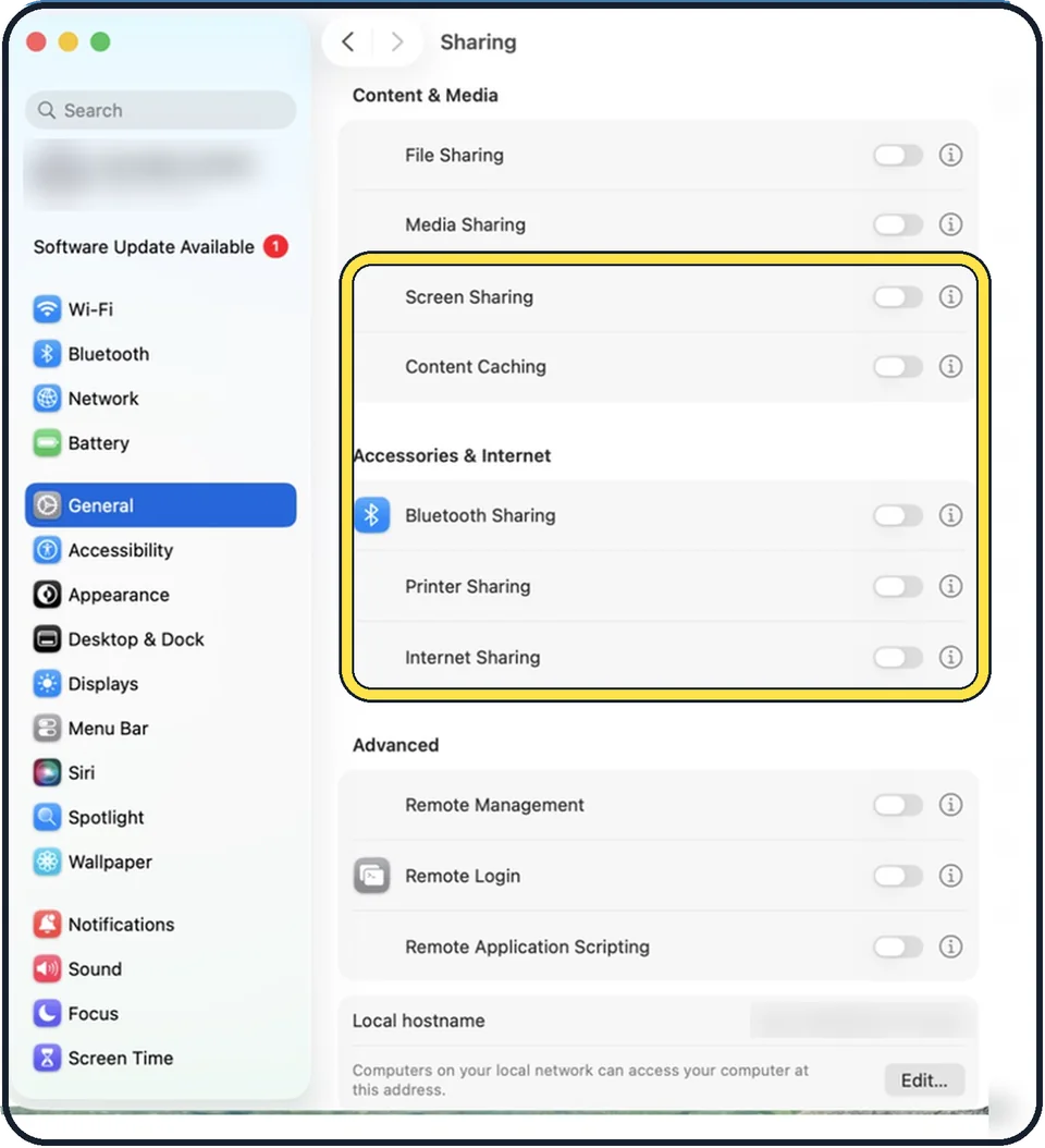 Mac screenshot: Switch off internet sharing and screen sharing