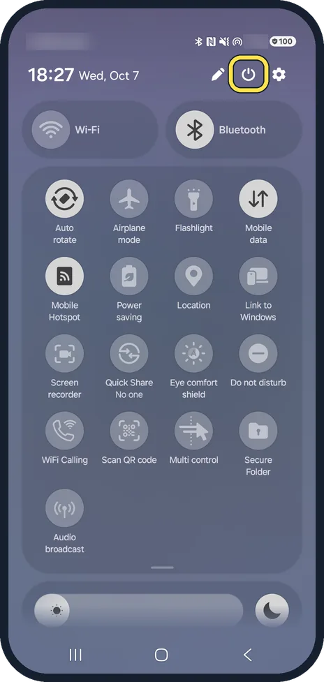 Android screenshot: Quick panel with the power icon between the pencil and settings icons