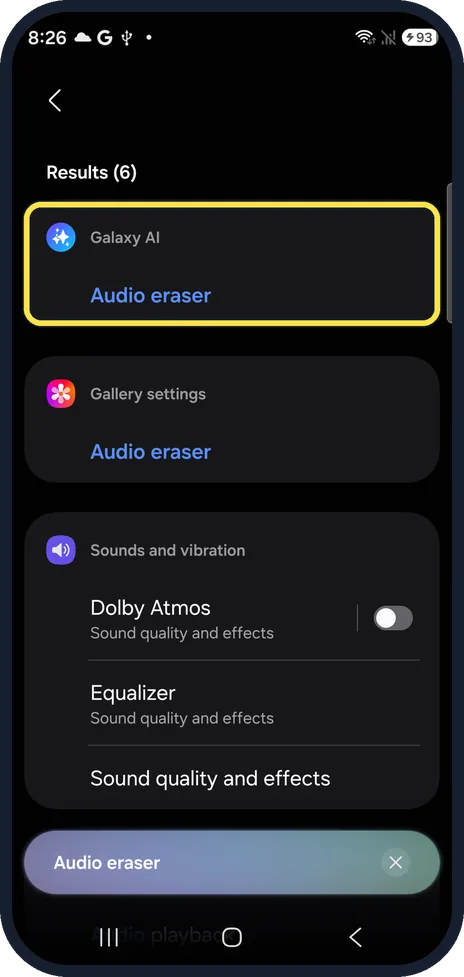 Android screenshot: Audio eraser under Galaxy AI on our Galaxy S26