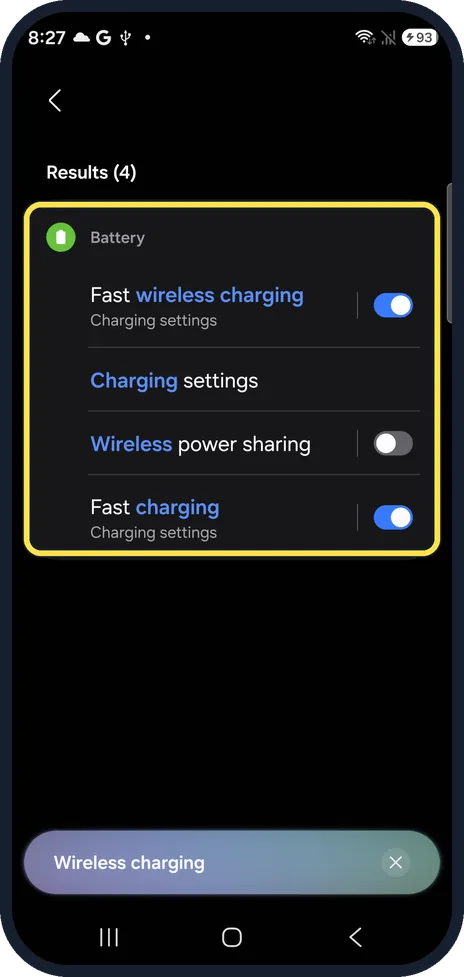 Android screenshot: Fast wireless charging and Wireless power sharing in Battery on our Galaxy S26