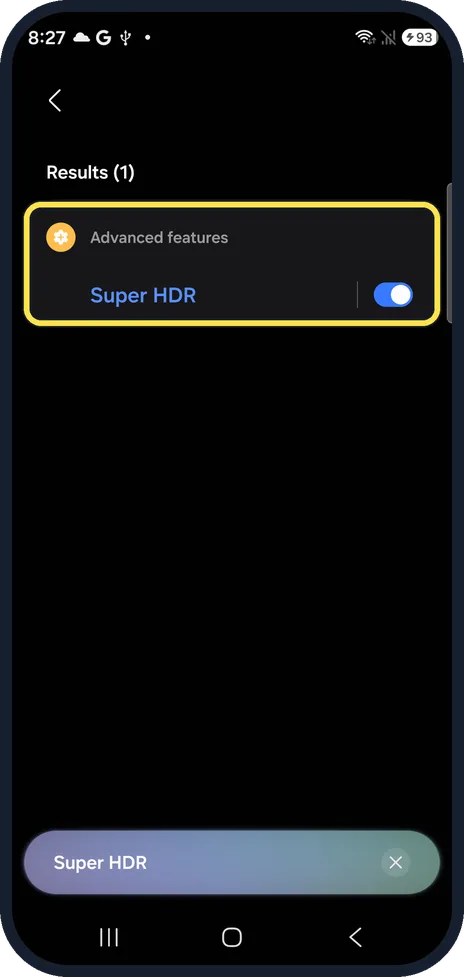 Android screenshot: Super HDR under Advanced features on our Galaxy S26