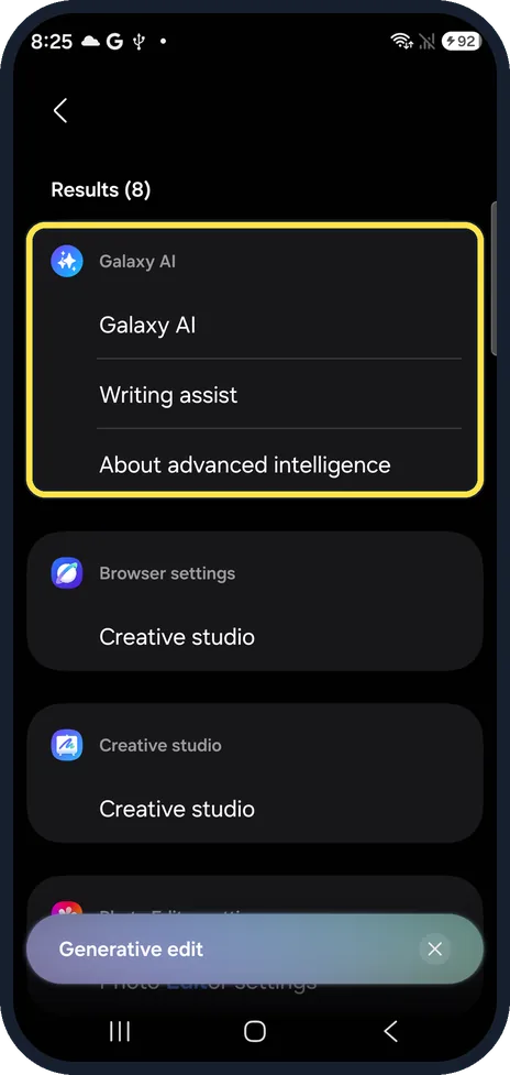 Android screenshot: Generative edit search on our Galaxy S26: Galaxy AI, Writing assist, About advanced intelligence