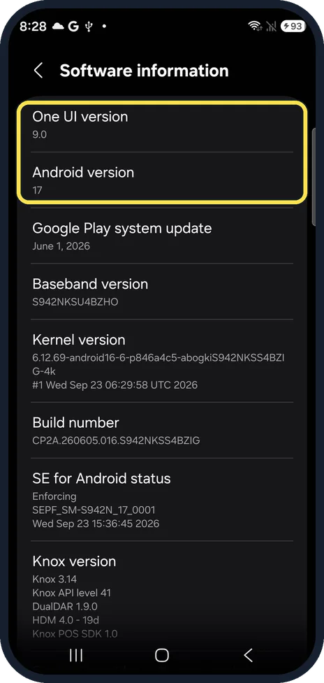 Android screenshot: One UI version 9.0 and Android version 17 on our Galaxy S26