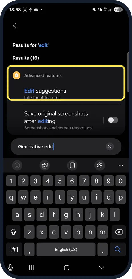 Android screenshot: Edit suggestions under Intelligent features on our Galaxy A57