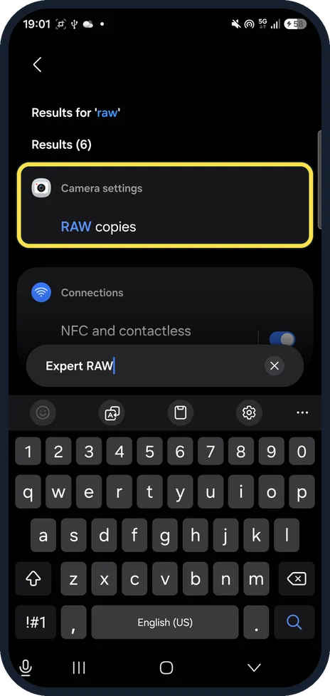 Android screenshot: RAW copies in Camera settings on our Galaxy A57
