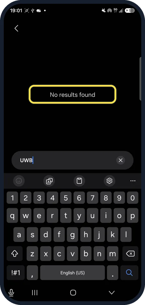 Android screenshot: No results found for UWB on our Galaxy A57