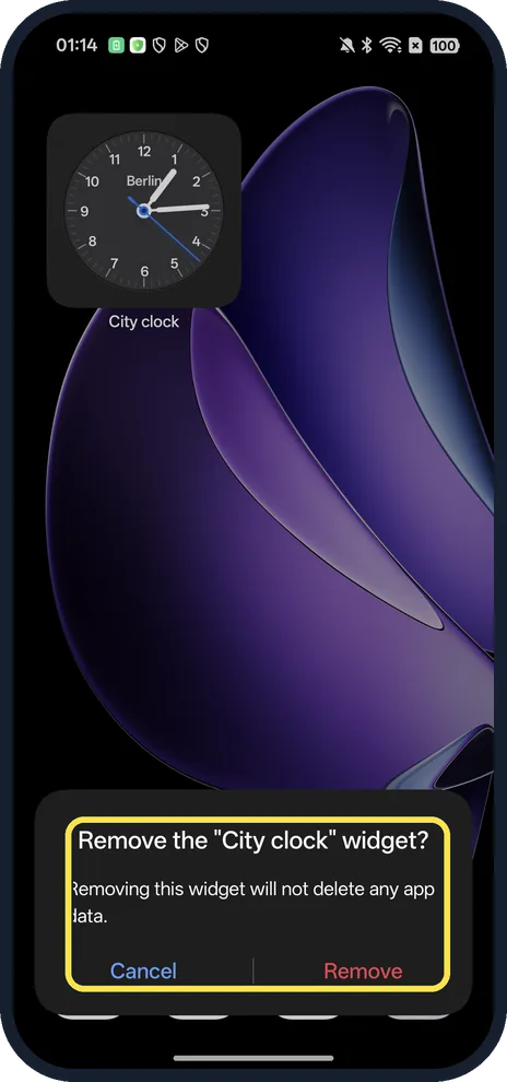 Android screenshot: Remove the "City clock" widget?