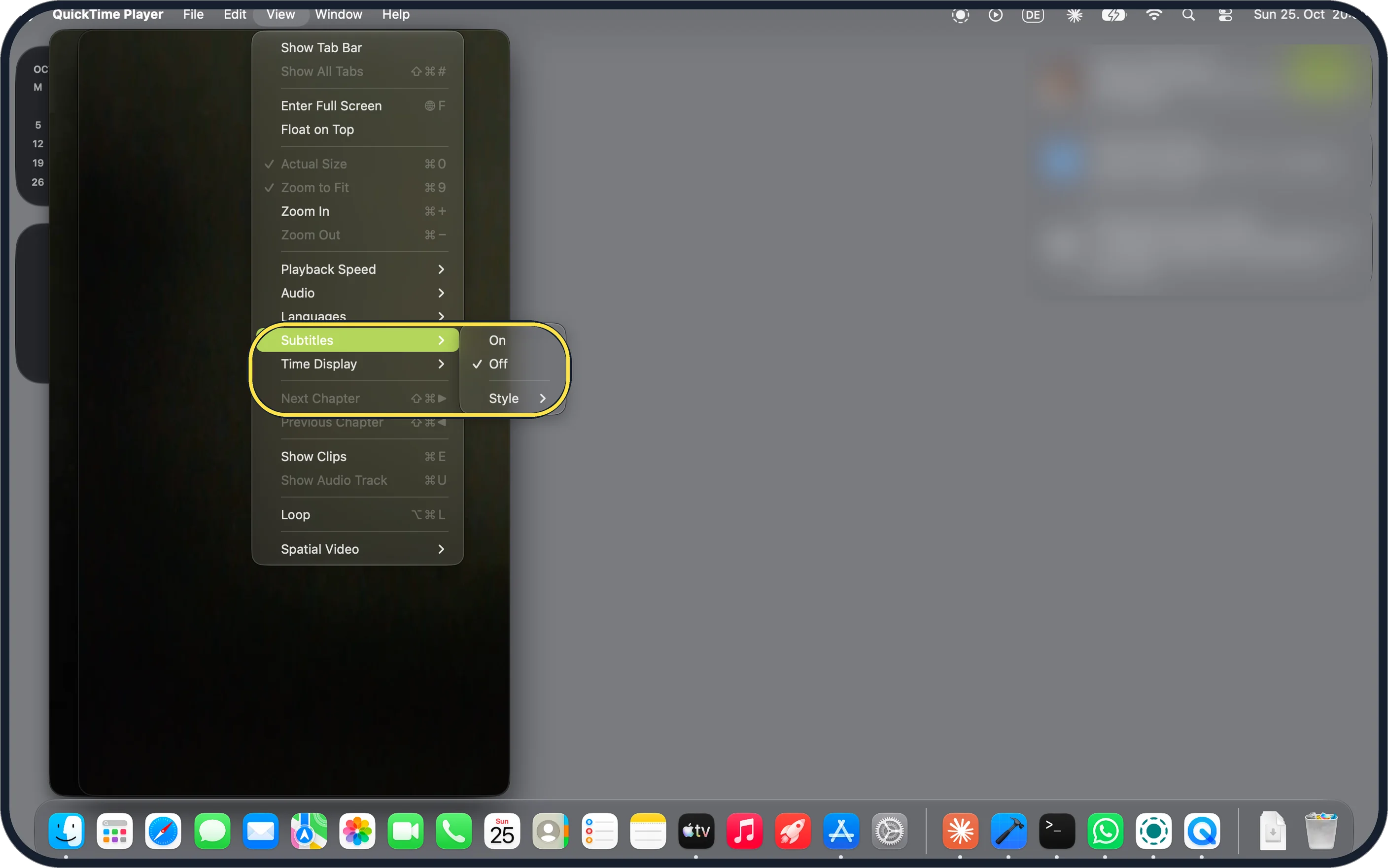 Mac screenshot: View, Subtitles: On, Off, Style