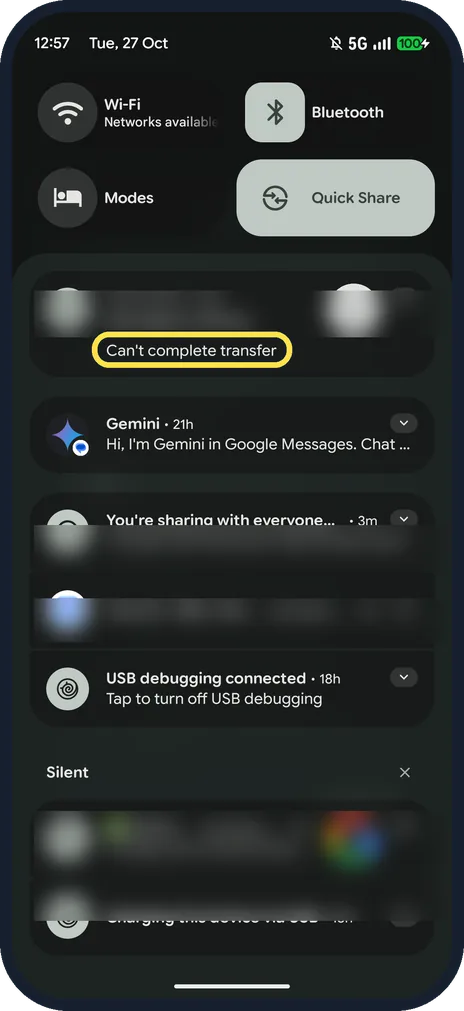 Android screenshot: Can't complete transfer