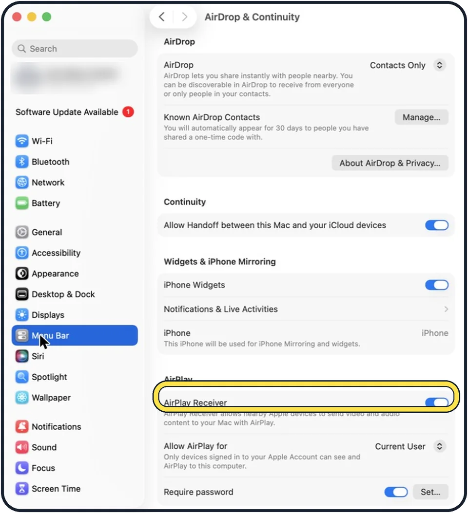 Mac screenshot: Turn on AirPlay Receiver