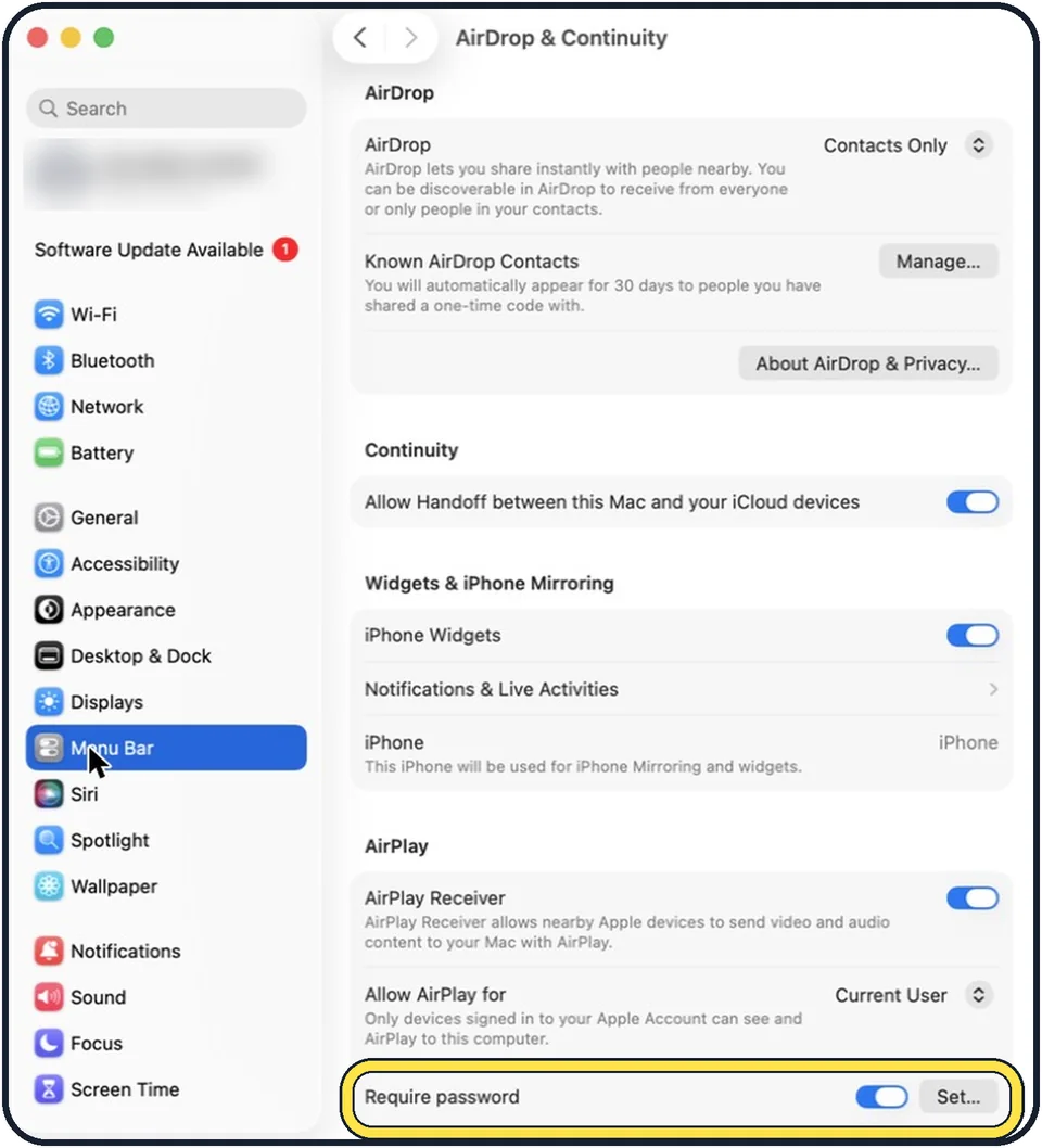 Mac screenshot: Add a password if others are around