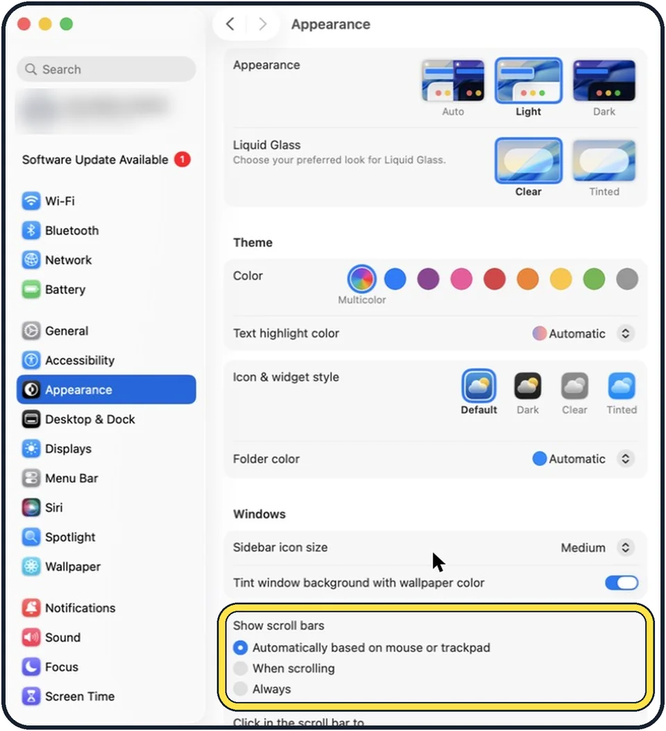 Mac screenshot: Select Always under Show scroll bars