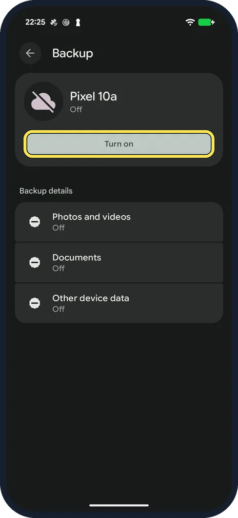Android screenshot: Backup page on a Google Pixel 10a, Android 17