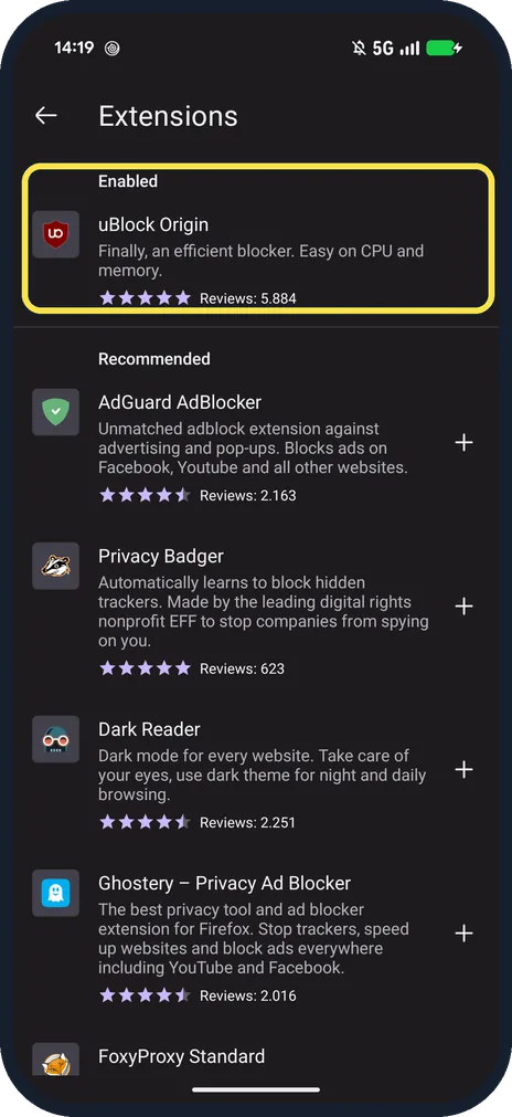 Android screenshot: Enabled: uBlock Origin