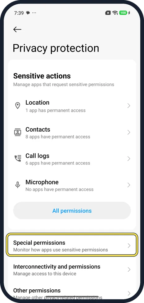 Android screenshot: Special permissions row on Privacy protection