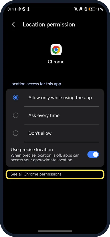 Android screenshot: See all Chrome permissions