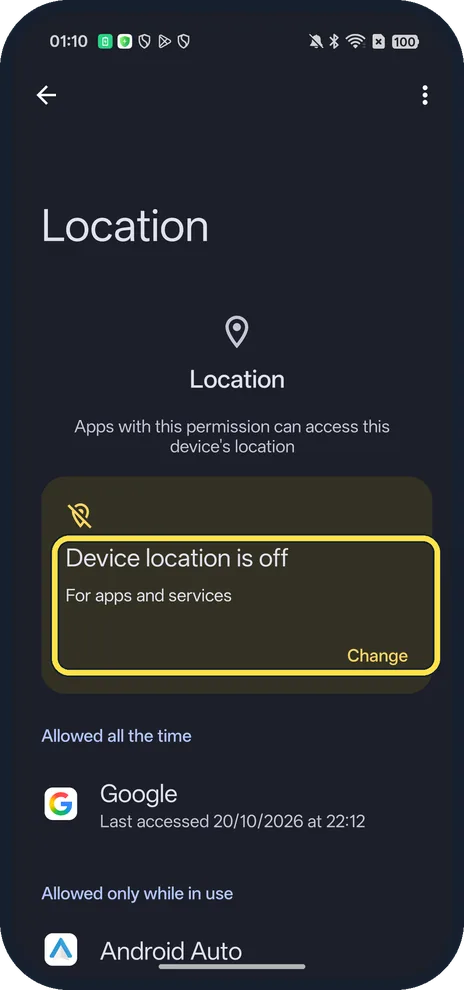 Android screenshot: Device location is off