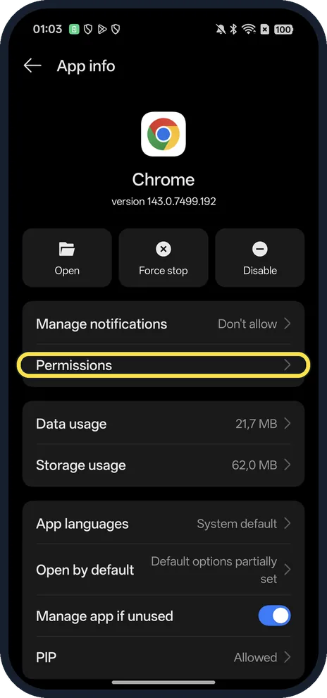 Android screenshot: Permissions