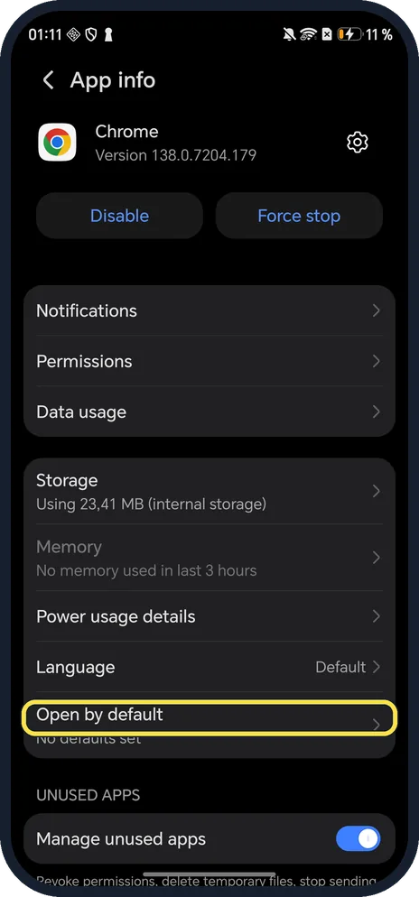 Android screenshot: Open by default
