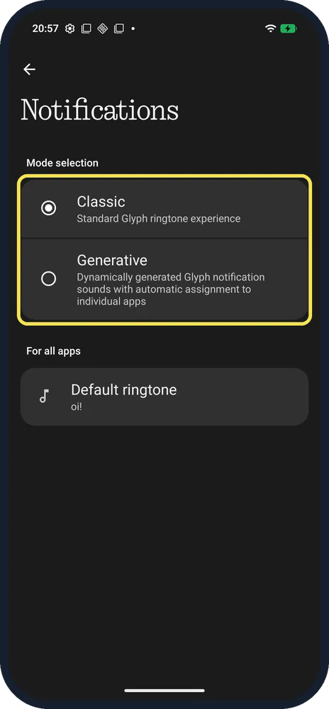 Android screenshot: Classic or Generative for notifications